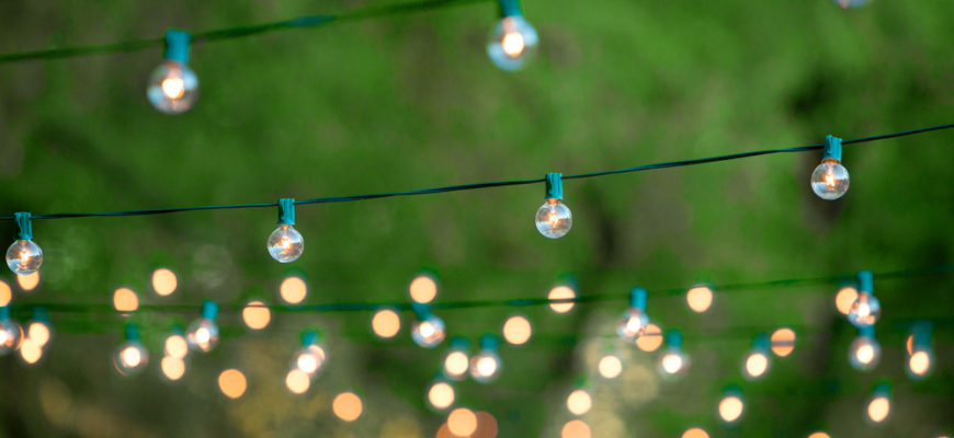 Light string outdoors hanging on trees