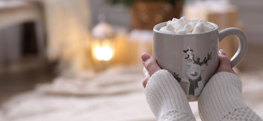 Woman,With,Delicious,Hot,Drink,At,Home,,Closeup.,Space,For